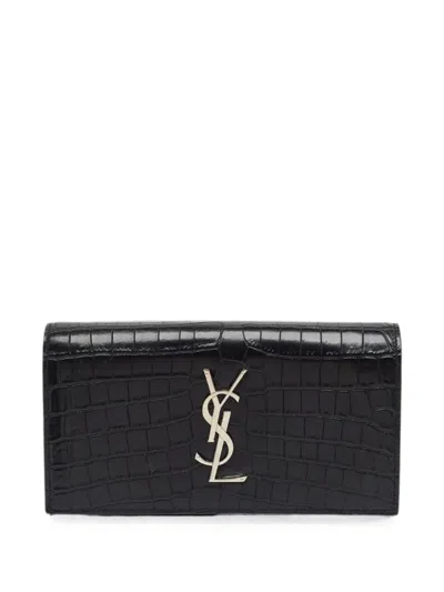 Pre-owned Saint Laurent 2018 Kate Croc-embossed Continental Wallet In Black