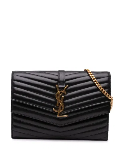 Pre-owned Saint Laurent 2018 Lambskin Chevron Monogram Sulpice Chain Wallet Crossbody Bag In Black