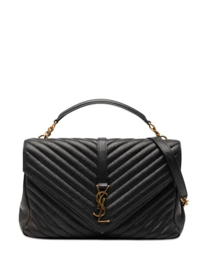 Pre-owned Saint Laurent 2018 Large Chevron Sheepskin Monogram College Satchel In Black