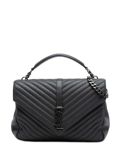 Pre-owned Saint Laurent 2018 Large Chevron Sheepskin Monogram College Satchel In Gray