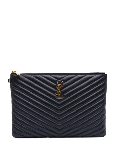 Pre-owned Saint Laurent 2018 Leather Chevron Monogram Document Holder Clutch Bag In Blue