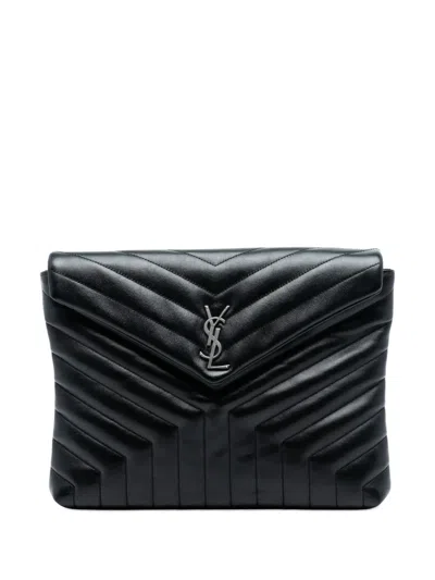 Pre-owned Saint Laurent 2018 Matelasse Calfskin Monogram Loulou Document Clutch Bag In Black