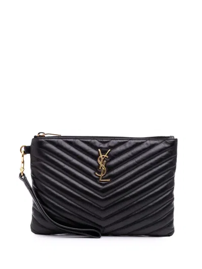Pre-owned Saint Laurent 2018 Matelasse Chevron Leather Monogram Zip A5 Wristlet Pouch Clutch Bag In Black