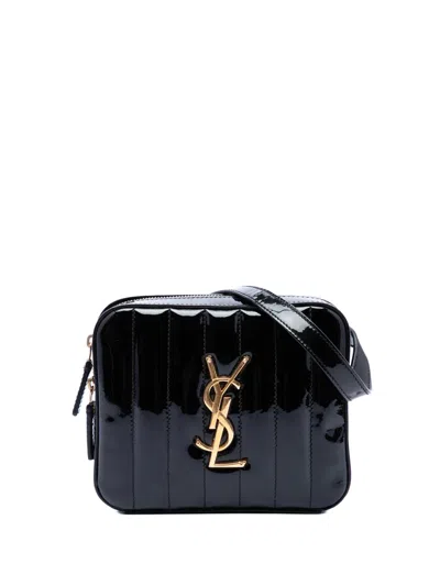 Pre-owned Saint Laurent 2018 Matelasse Patent Monogram Vicky Belt Bag In Black