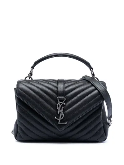 Pre-owned Saint Laurent 2018 Medium Chevron Sheepskin Monogram College Satchel In Black