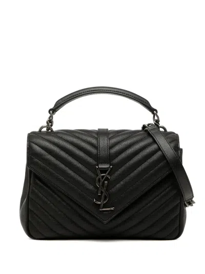 Pre-owned Saint Laurent 2018 Medium Chevron Sheepskin Monogram College Satchel In Black