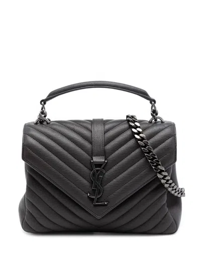 Pre-owned Saint Laurent 2018 Medium Chevron Sheepskin Monogram College Satchel In Brown