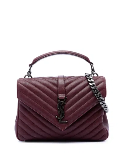 Pre-owned Saint Laurent 2018 Medium Chevron Sheepskin Monogram College Satchel In Red
