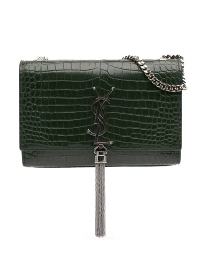 Pre-owned Saint Laurent 2018 Medium Croc Embossed Leather Kate Tassel Crossbody Bag