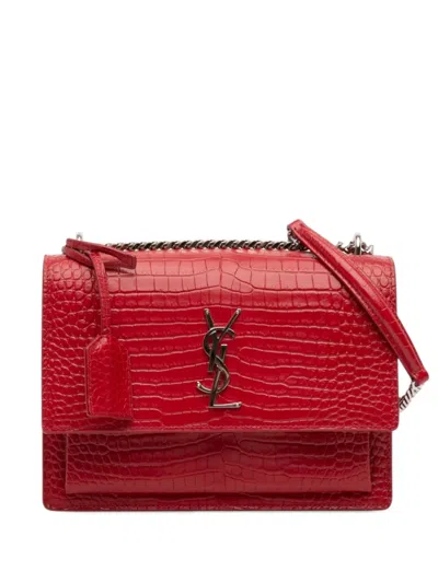 Pre-owned Saint Laurent 2018 Medium Croc Embossed Leather Monogram Sunset Crossbody Bag In Red