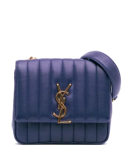 Pre-owned Saint Laurent 2018 Medium Lambskin Monogram Vicky Chain Bag Crossbody Bag In Blue