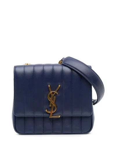 Pre-owned Saint Laurent 2018 Medium Lambskin Monogram Vicky Chain Bag Crossbody Bag In Blue