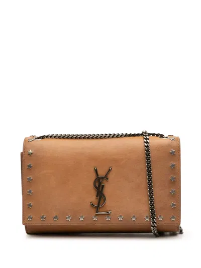 Pre-owned Saint Laurent 2018 Medium Leather Monogram Star Studded Kate Crossbody Bag In Brown