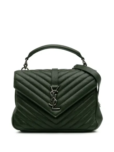 Pre-owned Saint Laurent 2018 Medium Monogram Chevron Quilted Lambskin College Satchel In Green