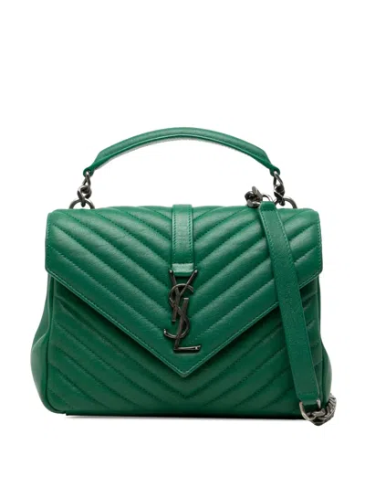 Pre-owned Saint Laurent 2018 Medium Quilted Chevron Sheepskin College Satchel In Green