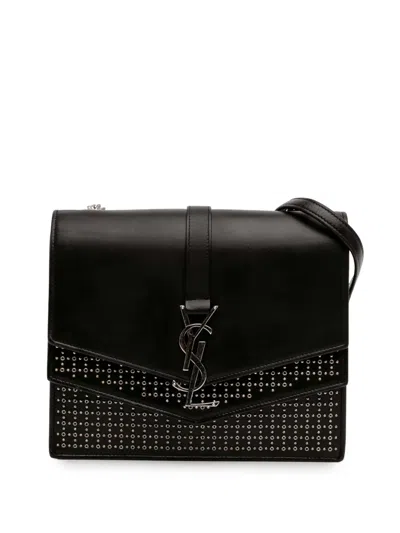 Pre-owned Saint Laurent 2018 Medium Studded Calfskin Monogram Sulpice Crossbody Bag In Black