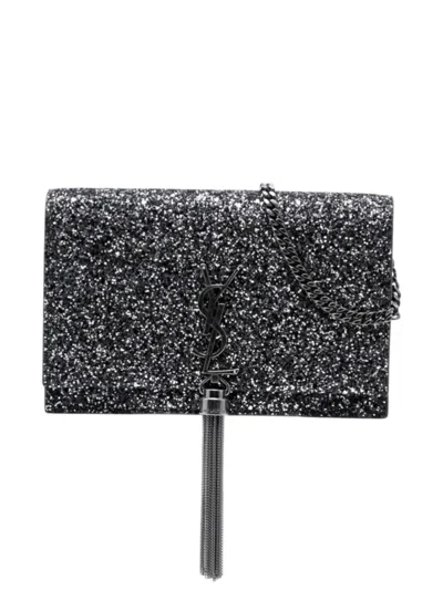 Pre-owned Saint Laurent 2018 Metallic Glitter Monogram Kate Tassel Chain Wallet Crossbody Bag In Black