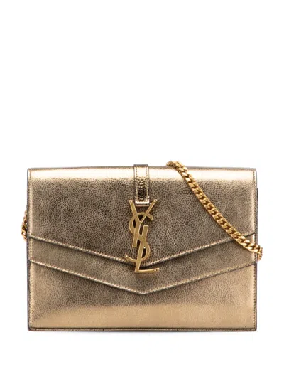 Pre-owned Saint Laurent 2018 Metallic Grain De Poudre Monogram Sulpice Chain Wallet Crossbody Bag