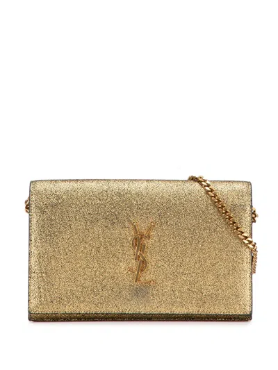 Pre-owned Saint Laurent 2018 Metallic Leather Monogram Kate Wallet On Chain Crossbody Bag In Gold