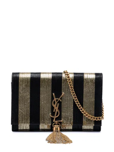 Pre-owned Saint Laurent 2018 Metallic Striped Fabric Monogram Kate Tassel Wallet On Chain Crossbody Bag In Black