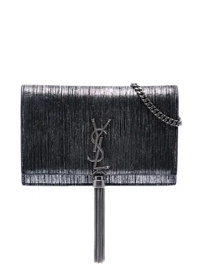 Pre-owned Saint Laurent 2018 Metallic Suede Monogram Kate Tassel Wallet On Chain Crossbody Bag In Silver