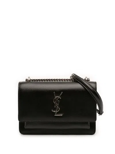 Pre-owned Saint Laurent 2018 Mini Leather Monogram Sunset Wallet On Chain Crossbody Bag In Black