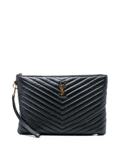 Pre-owned Saint Laurent 2018 Quilted Chevron Leather Monogram Document Holder Clutch Bag In Black