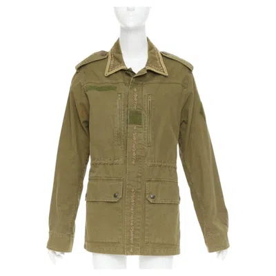 Pre-owned Saint Laurent 2018 Saharienne Cotton Ramie Gold Embroidered Trim Military Jacket In Brown