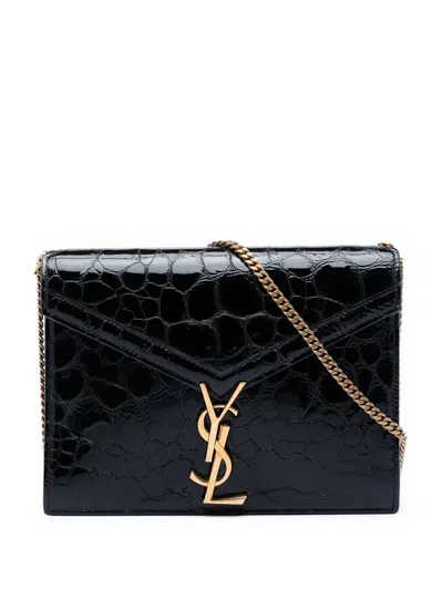 Pre-owned Saint Laurent 2018 Shiny Croc Embossed Calfskin Monogram Cassandra Chain Wallet Crossbody Bag In Black