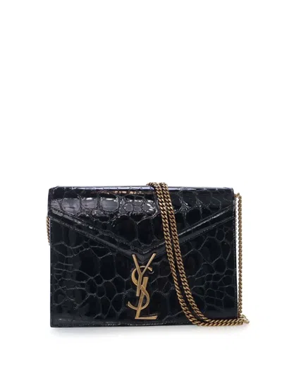 Pre-owned Saint Laurent 2018 Shiny Croc Embossed Calfskin Monogram Cassandra Clasp Bag Crossbody Bag In Black