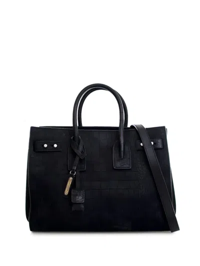 Pre-owned Saint Laurent 2018 Small Croc Embossed Suede Sac De Jour Satchel In Black