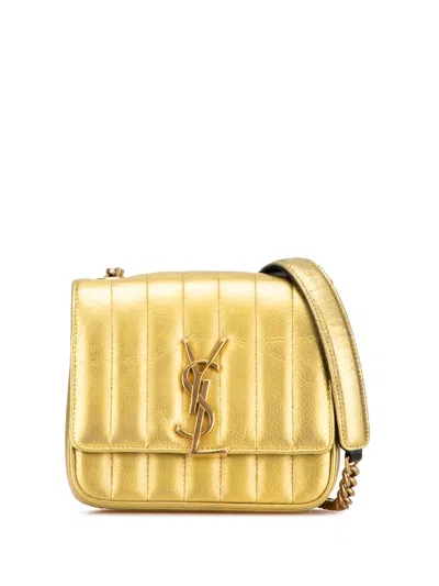 Pre-owned Saint Laurent 2018 Small Metallic Grain De Poudre Monogram Vicky Chain Bag Crossbody Bag In Gold