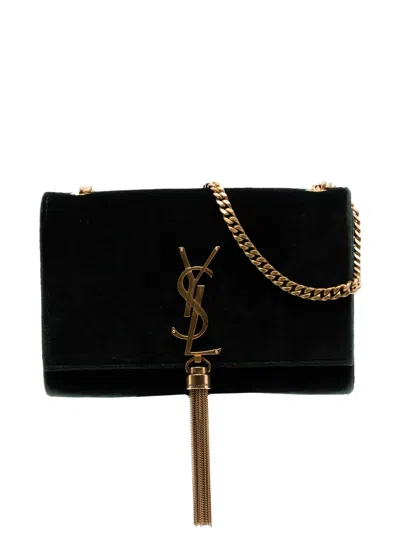 Pre-owned Saint Laurent 2018 Small Velvet Monogram Kate Tassel Crossbody Bag In Green