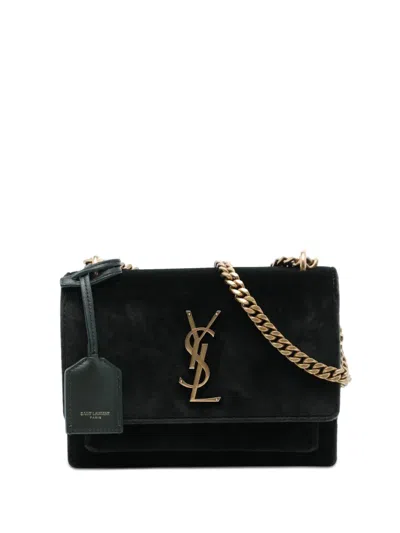 Pre-owned Saint Laurent 2018 Small Velvet Monogram Sunset Crossbody Bag In Green