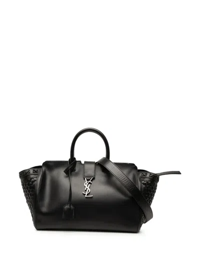 Pre-owned Saint Laurent 2018 Small Woven Trimmed Leather Downtown Cabas Satchel In Black