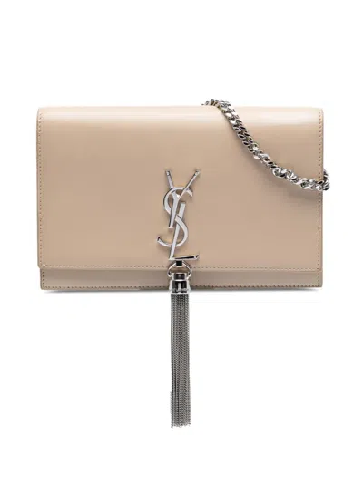 Pre-owned Saint Laurent 2018 Smooth Calfskin Monogram Kate Tassel Wallet On Chain Crossbody Bag In Neutral
