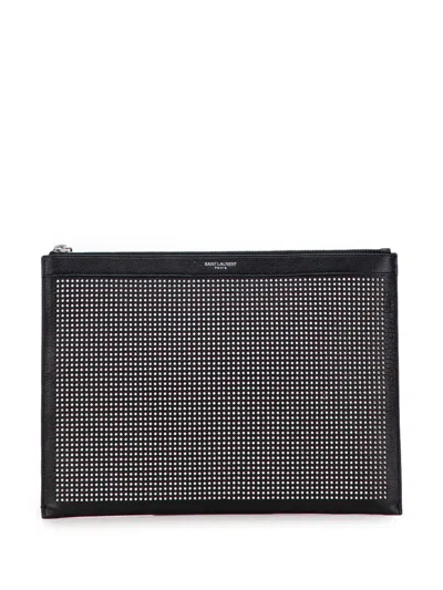 Pre-owned Saint Laurent 2018 Studded Leather Clutch Bag In Black