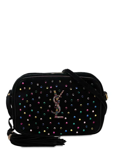 Pre-owned Saint Laurent 2018 Suede Crystal Monogram Lou Camera Bag Crossbody Bag In Black