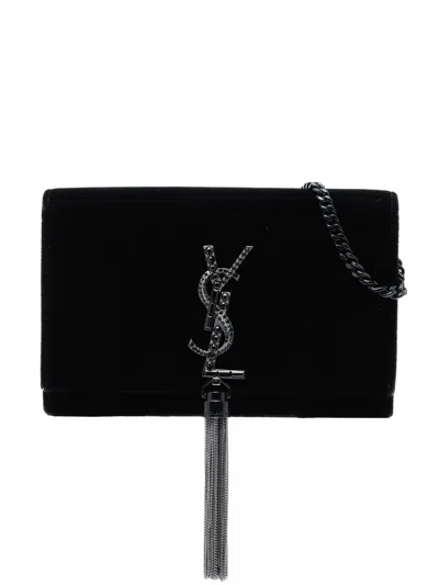 Pre-owned Saint Laurent 2018 Velvet Crystal Monogram Kate Tassel Wallet On Chain Crossbody Bag In Black