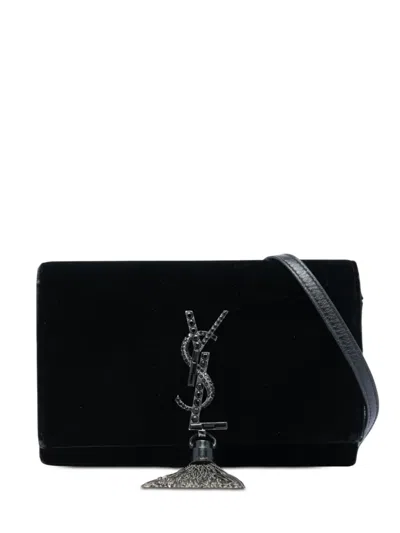 Pre-owned Saint Laurent 2018 Velvet Crystal Monogram Kate Tassel Wallet On Chain Crossbody Bag In Black
