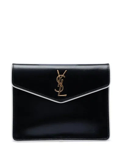 Pre-owned Saint Laurent 2019 Baby Smooth Shiny Calfskin Monogram Uptown Pouch Clutch Bag In Black