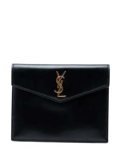 Pre-owned Saint Laurent 2019 Baby Smooth Shiny Calfskin Monogram Uptown Pouch Clutch Bag In Black