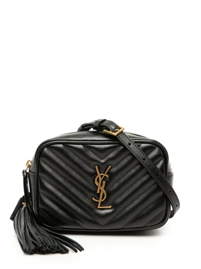 Pre-owned Saint Laurent 2019 Chevron Calfskin Monogram Tassel Lou Belt Bag In Black