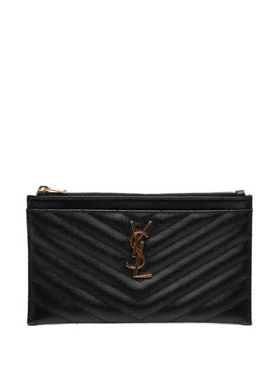 Pre-owned Saint Laurent 2019 Chevron Grain De Poudre Monogram Bill Pouch Clutch Bag In Black