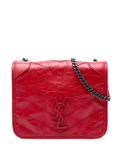 Pre-owned Saint Laurent 2019 Crinkled Calfskin Niki Wallet On Chain Crossbody Bag In Red