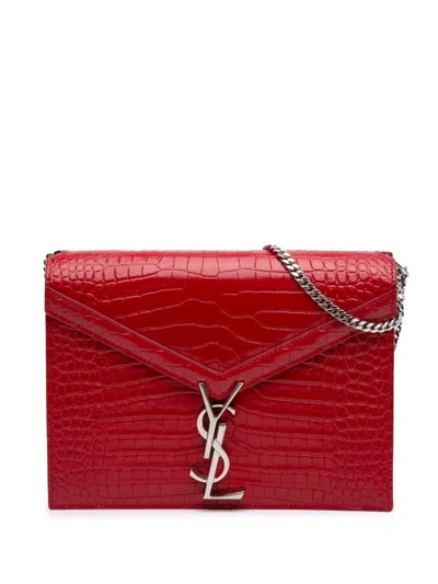 Pre-owned Saint Laurent 2019 Croc Embossed Leather Monogram Cassandra Clasp Bag Crossbody Bag In Red