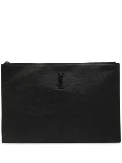 Pre-owned Saint Laurent 2019 Croc Embossed Leather Monogram Clutch Bag In Black