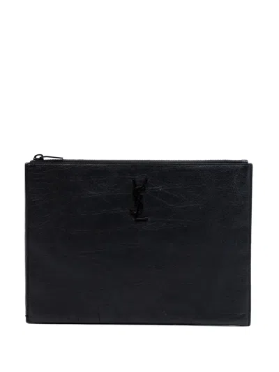 Pre-owned Saint Laurent 2019 Croc Embossed Leather Monogram Clutch Bag In Black