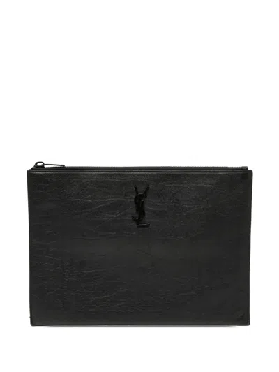 Pre-owned Saint Laurent 2019 Croc Embossed Leather Monogram Document Holder Clutch Bag In Black