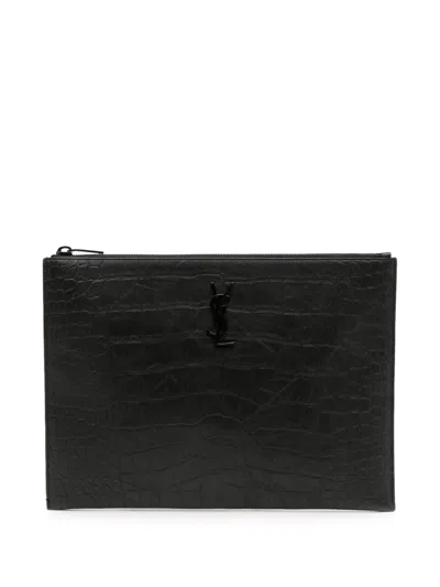 Pre-owned Saint Laurent 2019 Croc Embossed Leather Monogram Ipad Case Clutch Bag In Black
